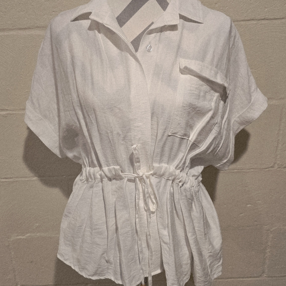 New Collection Women's Front Pocket Drawstring Waist Button Front White Sz M.